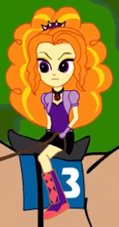 Picture of Adagio Dazzle riding on a dinosaur. A number three can be seen by her foot.