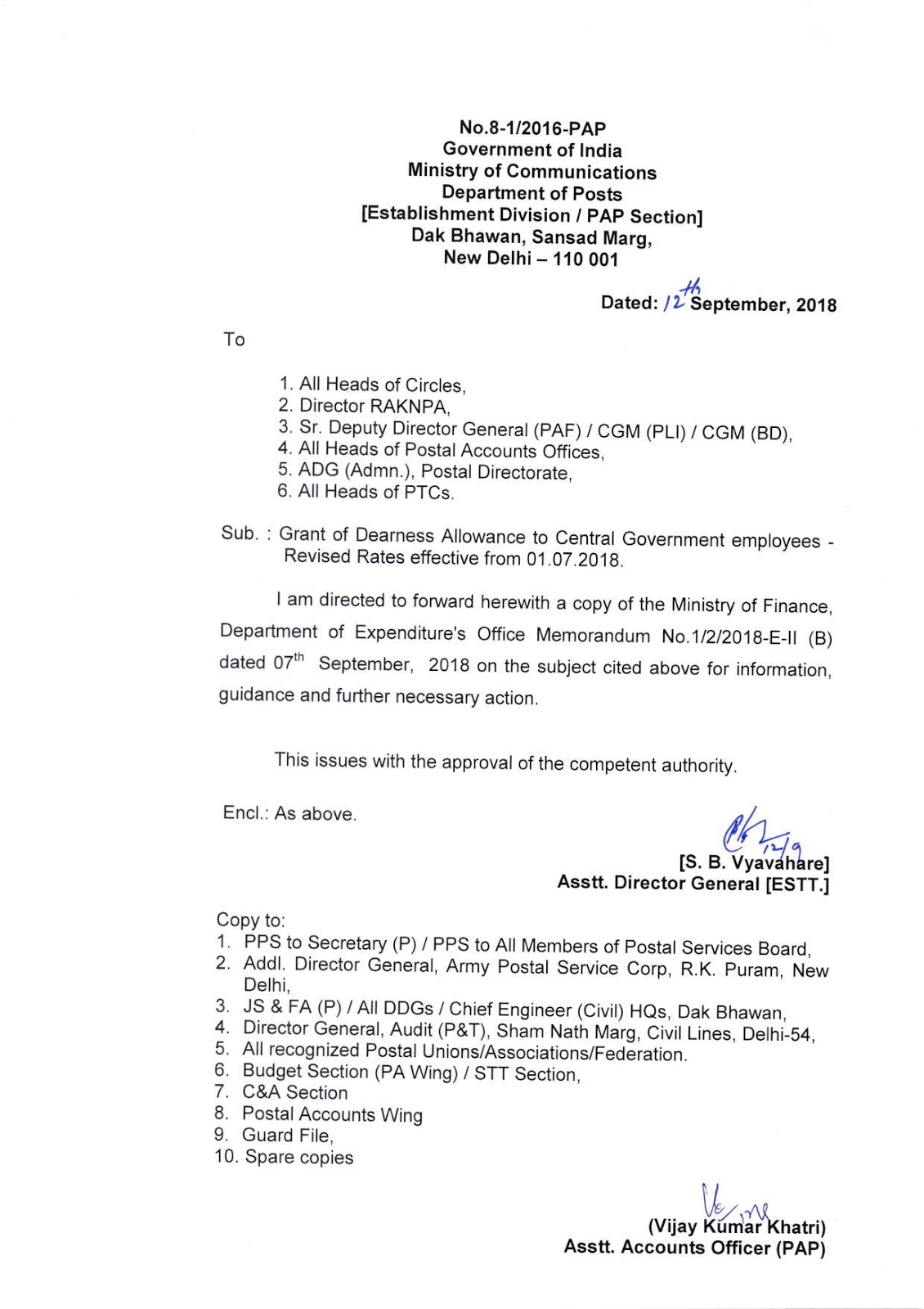 Grant of Dearness Allowance to Central Government Employees (DOP