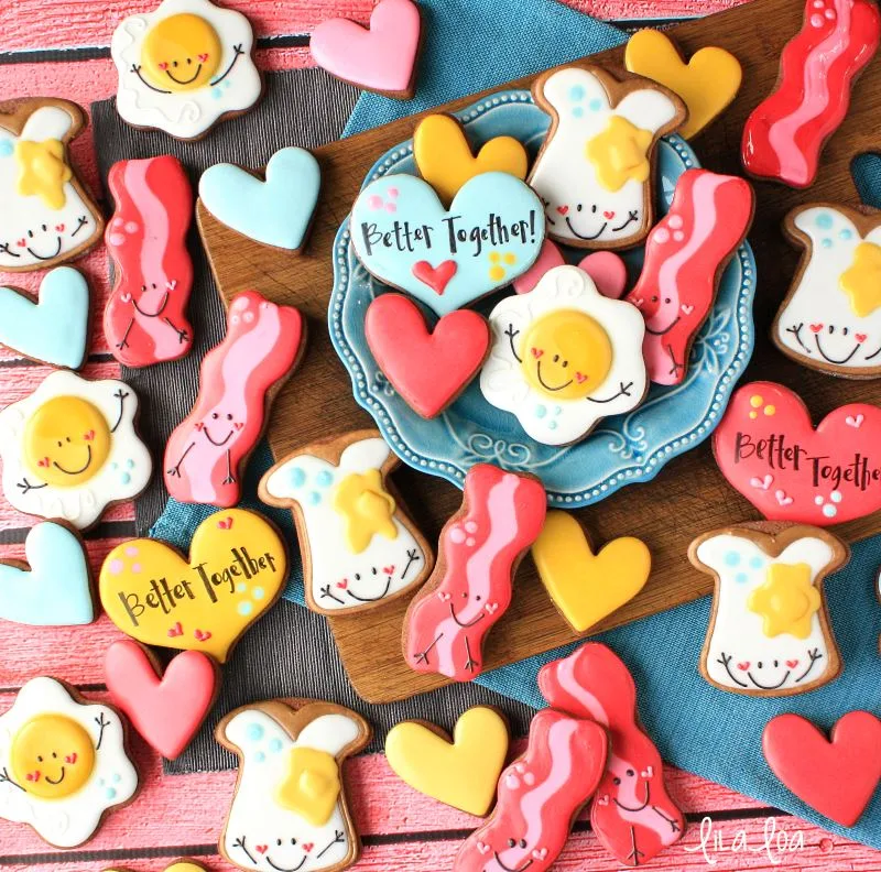Valentine's Day toast, egg, and bacon decorated sugar cookies