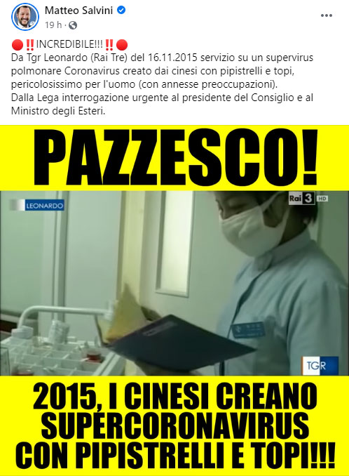 Post di Matteo Salvini sul supercoronavirus