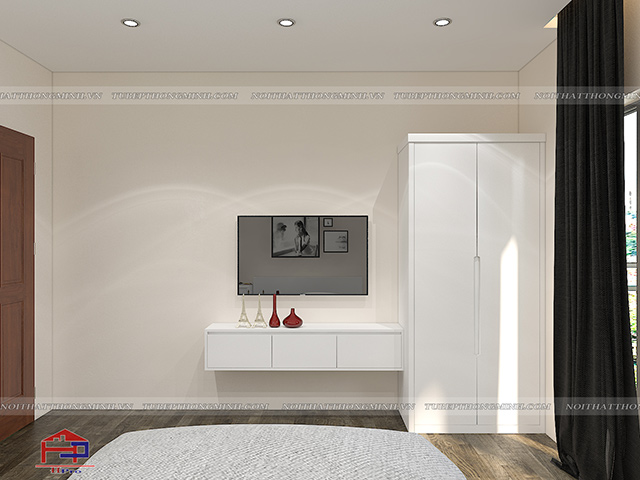 Tủ quần áo gỗ ép phủ melamine nhỏ gọn kết hợp kệ tivi nhà anh Trí - Nam Định tu-quan-ao-go-ep-loai-nho-2