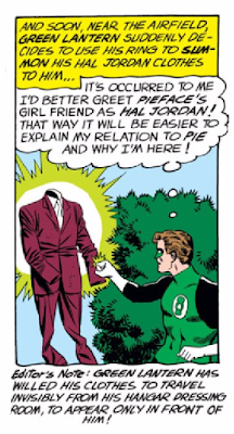 Green Lantern (1960) #7 Page 21 Panel 5: Like Aladdin's Lamp, Green Lantern's power ring can make his clothes magically fly through space invisibly. Green Lantern (1960) #7 Page 21 Panel 5: Like Aladdin's Lamp, Green Lantern's power ring can make his clothes magically fly through space invisibly.