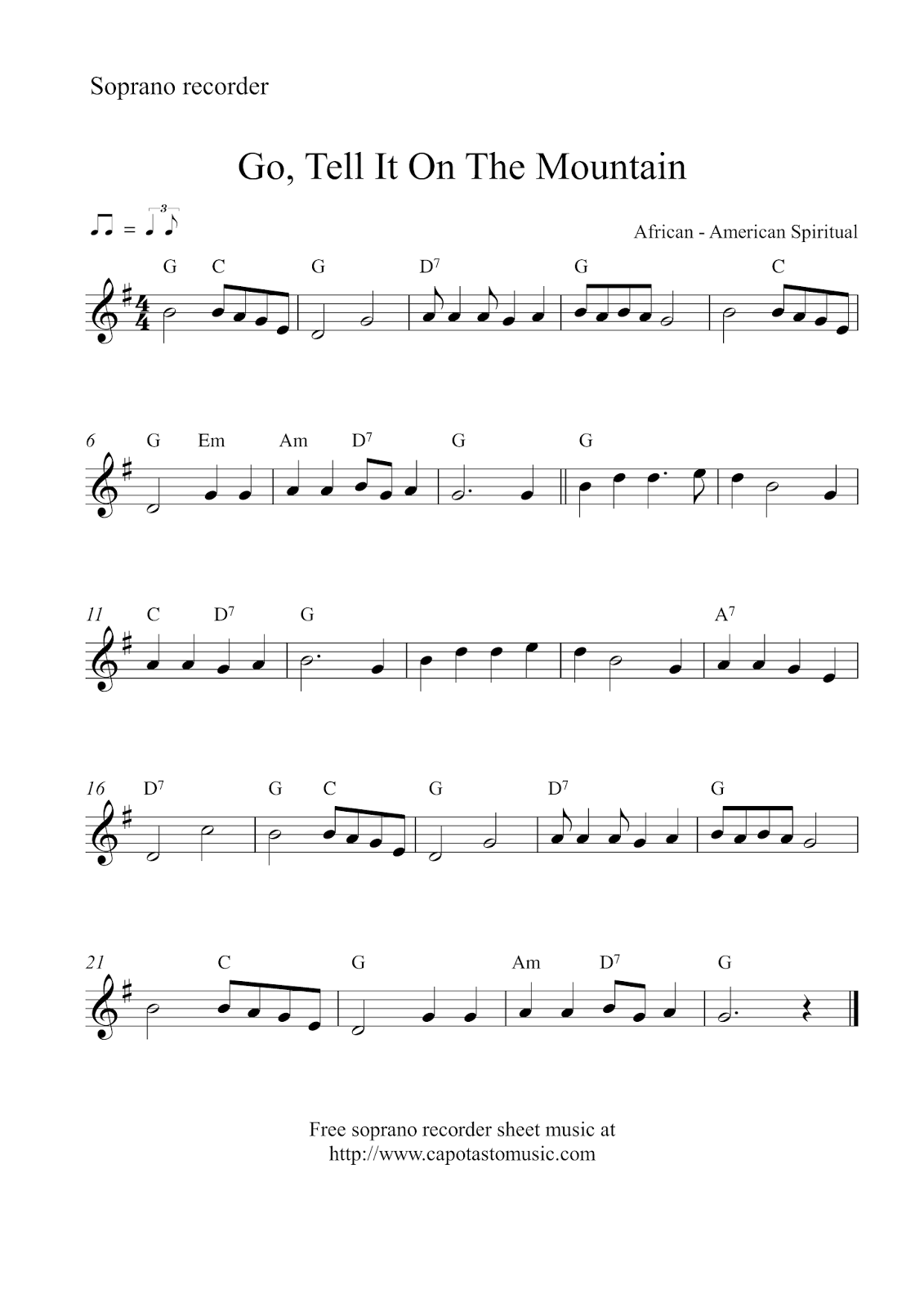 Free Christmas Soprano Recorder Sheet Music Go Tell It On The Mountain Free Christmas Soprano Recorder Sheet Music Go Tell It On The Mountain