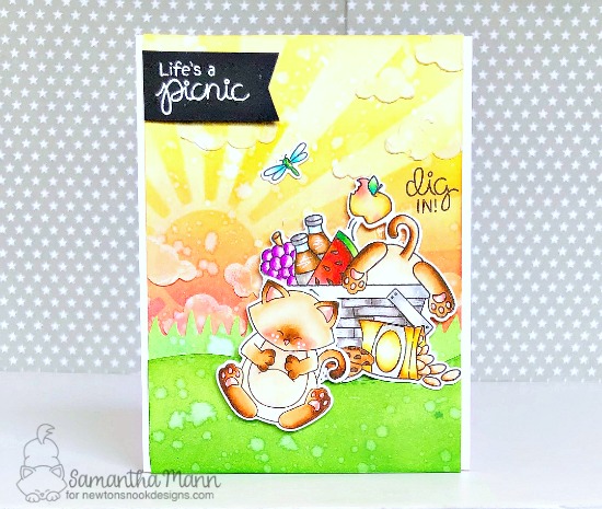Picnic Cat Card by Samantha Mann | Newton's Picnic and Newton's Thanksgiving Stamp Sets, Sunscape and Cloudy Sky Stencils and Land Borders Die Set by Newton's Nook Designs #newtonsnook #handmade