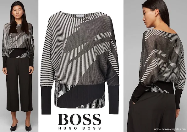 Queen Letizia wore Hugo Boss Fanaia wide-neck sweater with two tone jacquard
