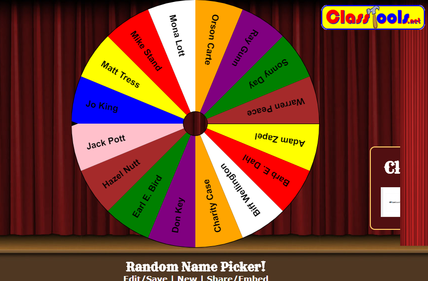 Spin names. Wheel of names. Classtools. Picker Wheel.