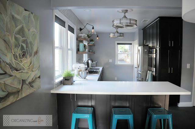 After: Amazing modern kitchen with black cabinets and white quartz counters :: OrganizingMadeFun.com After: Amazing modern kitchen with black cabinets and white quartz counters :: OrganizingMadeFun.com