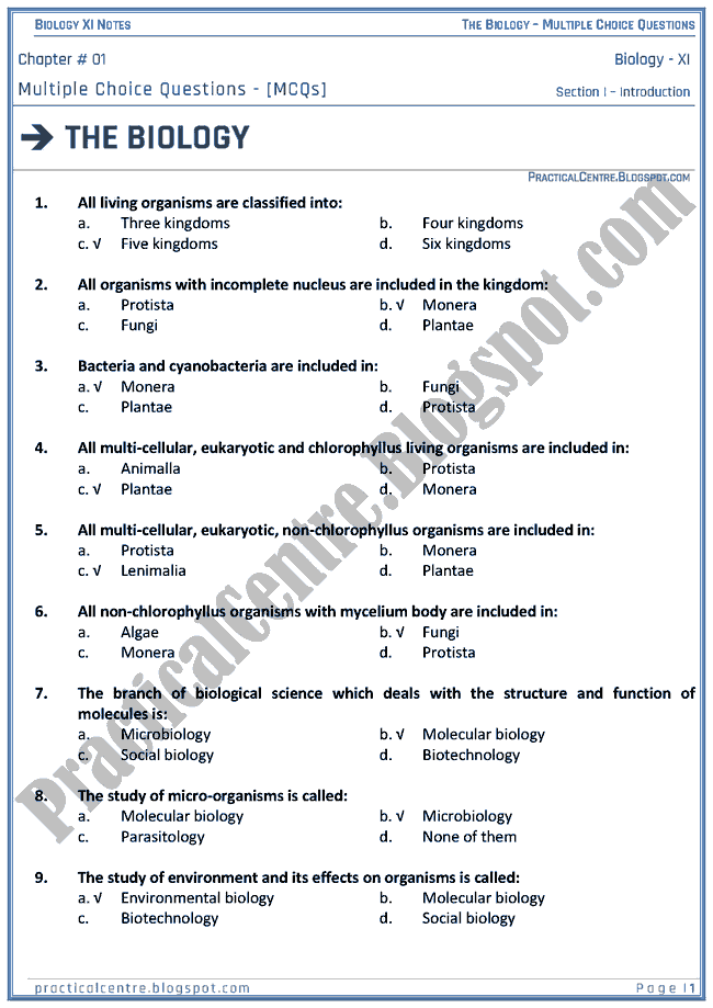 The Biology - Multiple Choice Questions (MCQs) - Biology XI
