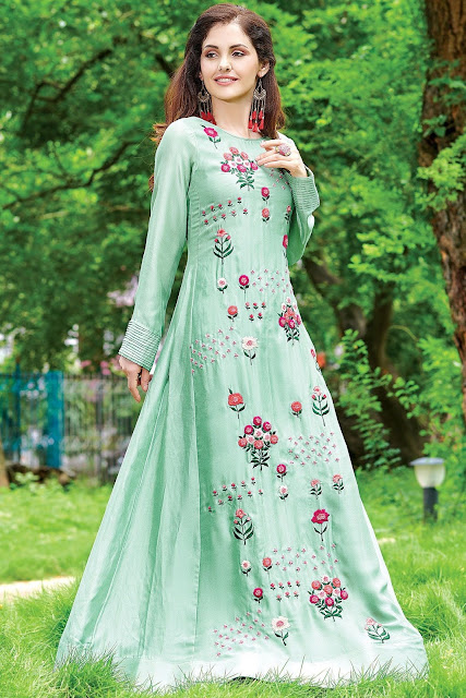  Green Embroidered Silk Gown