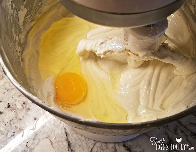 Adding egg to batter in stand mixer
