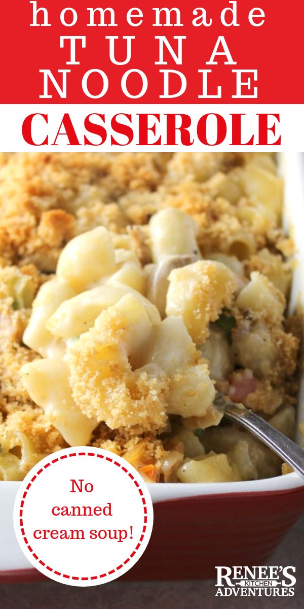 Lighter Cheesy Tuna Noodle Casserole (without Canned Cream Soup) | Renee's Kitchen Adventures - easy recipe for tuna noodle casserole made without cream of anything soup! Family recipe great for an easy dinner. 