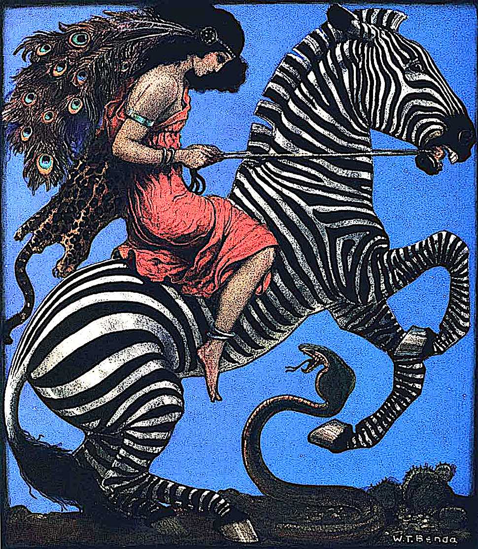Wladyslaw Theodor Benda Wladyslaw Theodor Benda, a woman on a zebra frightend by a cobra