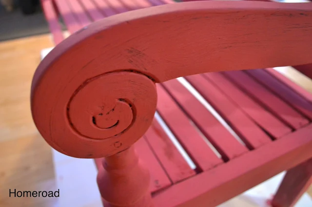The red chalky paint on this bench matched the chairs perfectly after using dark wax. 