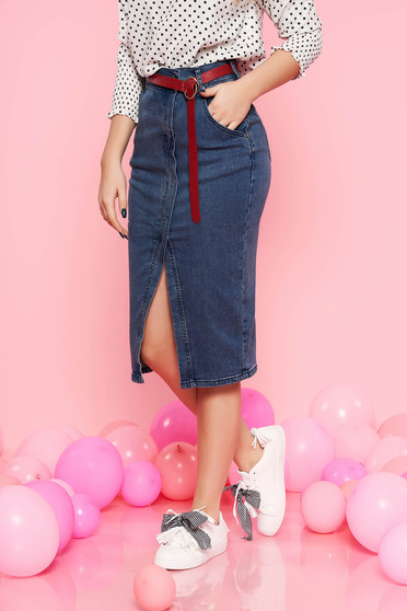 Fusta Top Secret albastra casual midi cu talie inalta din bumbac elastic cu buzunare Fusta Top Secret albastra casual midi cu talie inalta din bumbac elastic cu buzunare