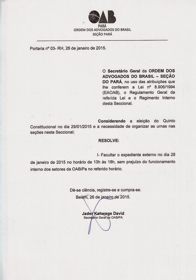 OAB de SANTARÉM Quinto Constitucional Em função de preparativos para