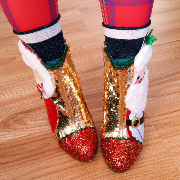 Irregular Choice The Kringles Christmas AW19 shoes shoefie wearing striped glitter socks and gold sequin ankle boots with red glitter toes