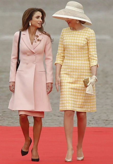 King Philippe and Queen Mathilde of Belgium welcome King Abdullah and Queen Rania of Jordan during an official welcome ceremony at the Royal Palace in Brussels