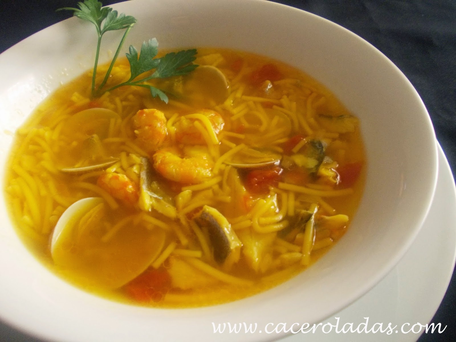 Sopa de pescado con fideos Caceroladas