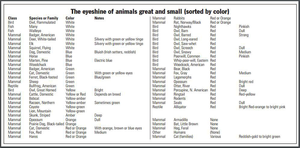 Animal Eye Reflection Color Chart