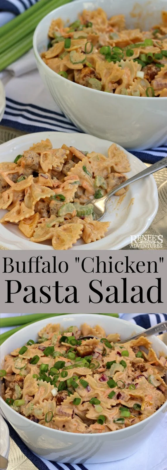 Creamy Buffalo "Chicken" Pasta Salad | by Renee's Kitchen Adventures - easy recipe for a vegetarian buffalo "chicken" pasta salad great for summer parties or tailgating parties. Also a great potluck recipe. Made with MorningStar Farms® Buffalo Wings. #pastasalad #pasta #buffalochicken