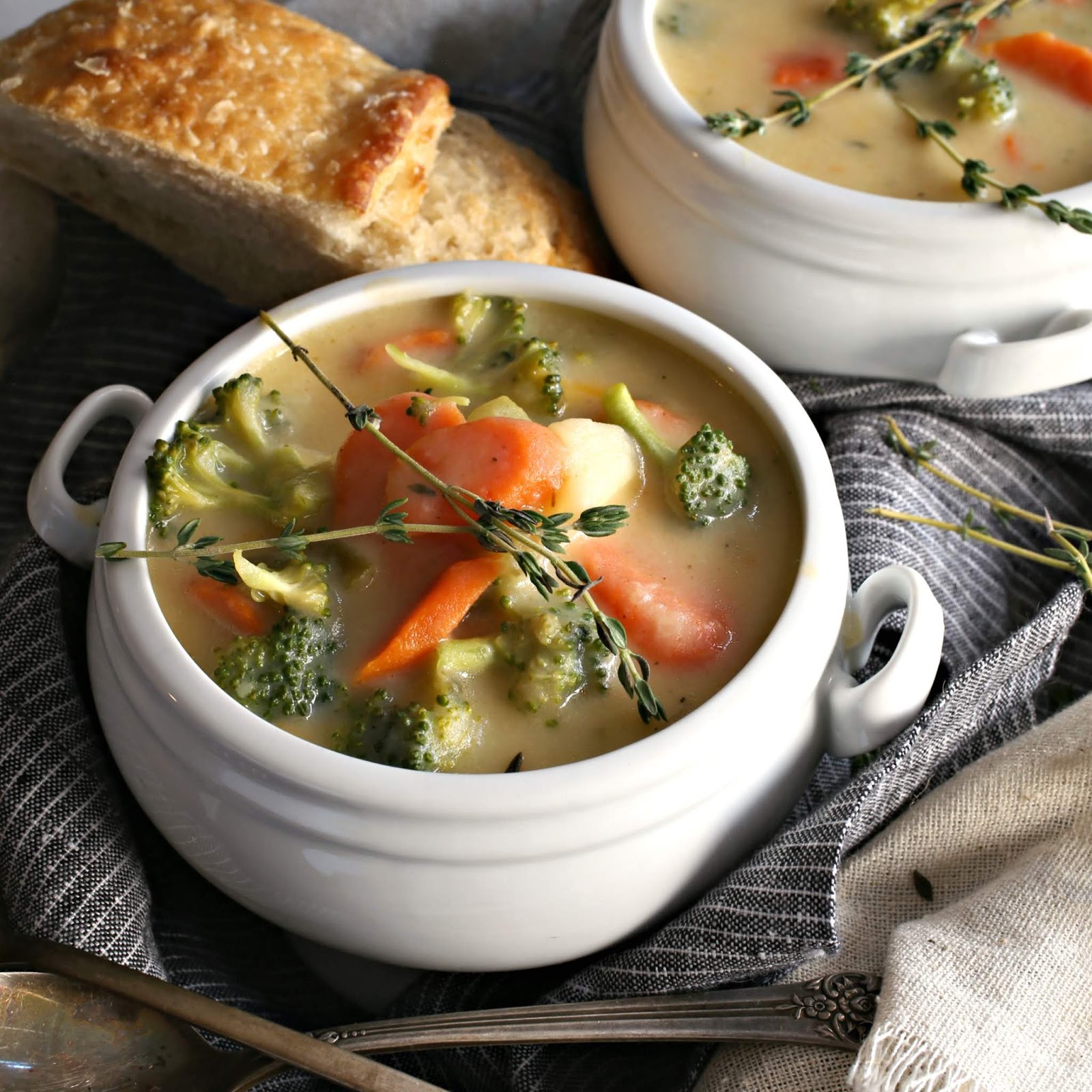 Creamy vegetable soup with cheddar cheese.