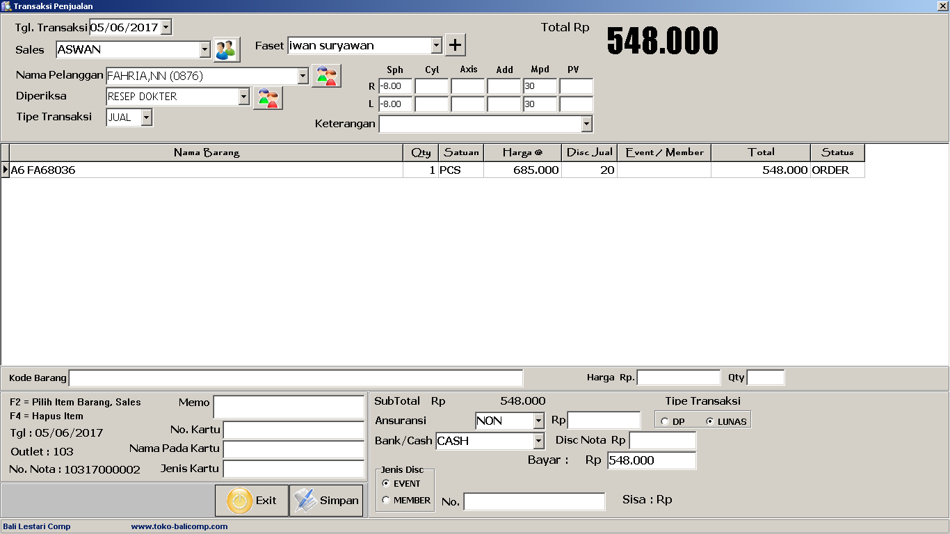 Toko Software Bali Software Penjualan Optik Pos Optic