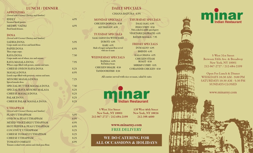 GDS122 Project 3 Research—Menus: MINAR Indian Restaurant Menu