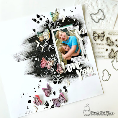 Love You More Layout by Samantha Mann for Newton's Nook Designs, Scrapbook Layout, Gesso, Mixed Media, Machine Stitching, Sewing, Butterflies, Boy Layout, #newtonsnook #scrapbook #scrabooking #layout #scrapbooklayout #boylayout #mixedmedia #butterflies