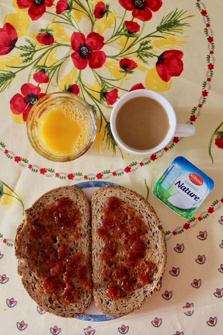 Breakfast: 2 pieces of whole wheat toast, plain yogurt, coffee and OJ