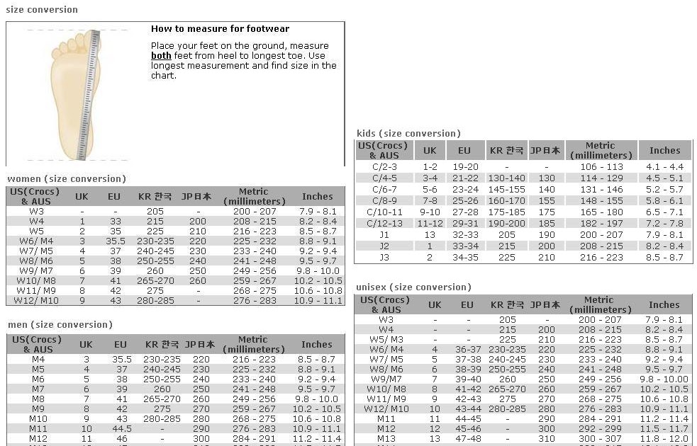 Crocs Shoe Conversion Chart