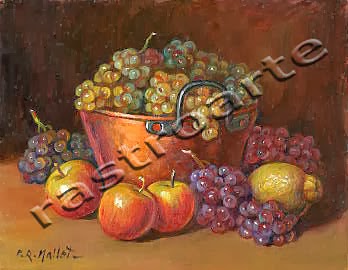 Bodegón con caldera de cobre, manzanas, limón y uvas