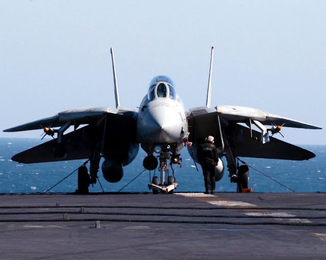 A plane captain conducts a daily inspection of his F-14D Tomcat