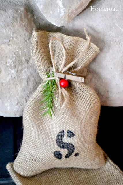 burlap gift bag with S stencil