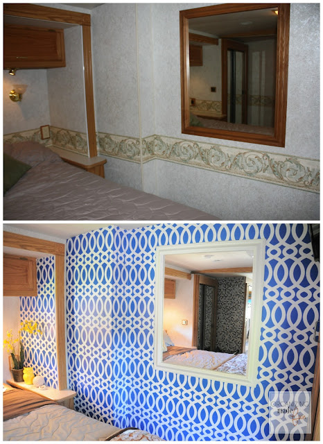 Before and After RV master bedroom wall transformed with wallpaper :: OrganizingMadeFun.com