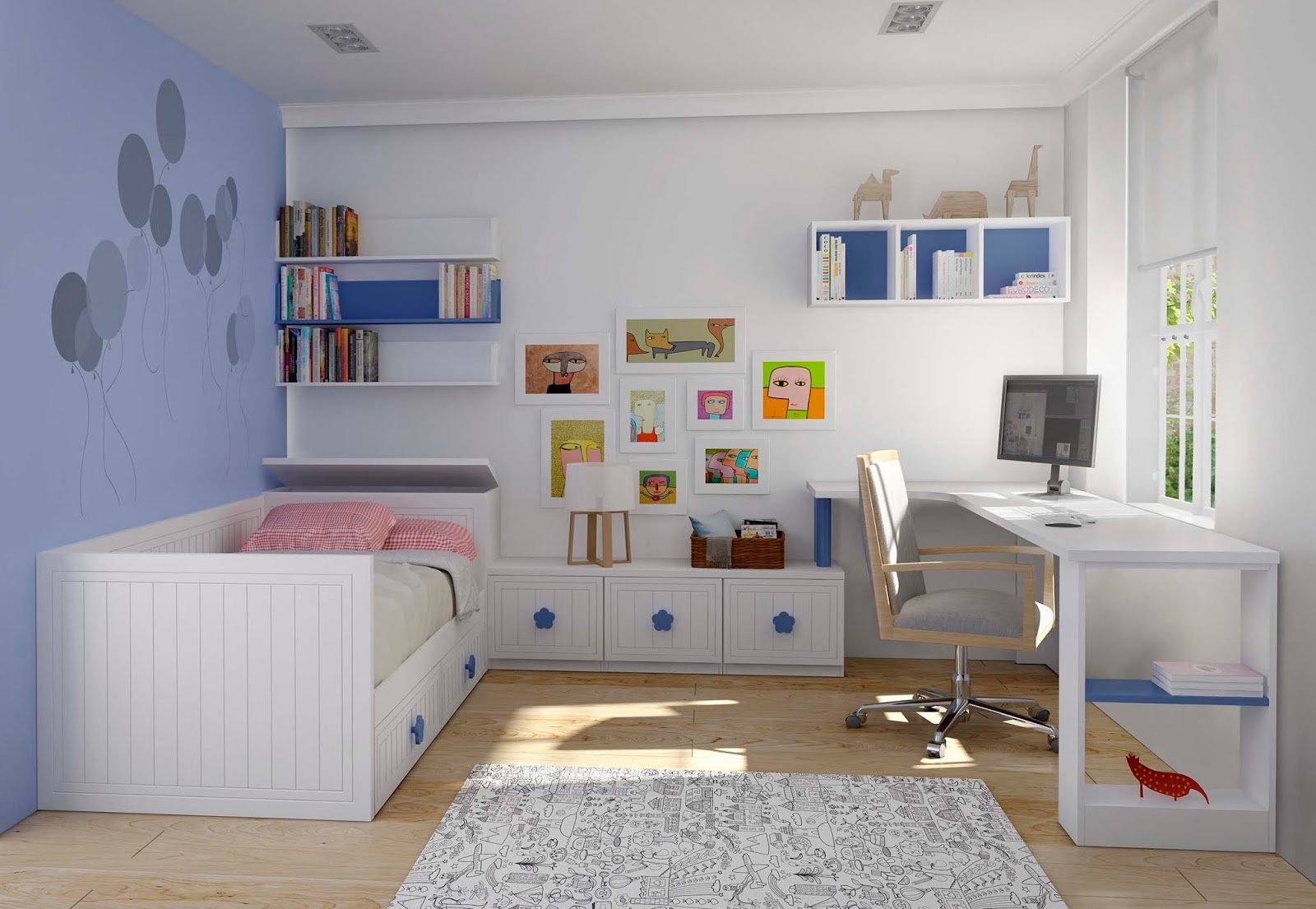Dormitorio juvenil completo gris y azul con litera y zona de estudio