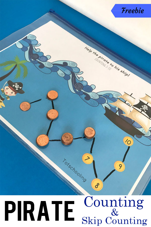 FREE printable Pirate-themed counting activity, perfect for preschool and kinder kids who are practicing counting 1 to 10, as well as skip counting by 2s, 5s and 10s. Super fun math activity for pirate lovers!