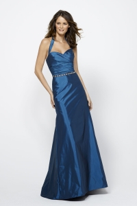 Taffeta Blue Wide Neckline Long Bridesmaid Dress with Cap-sleeves