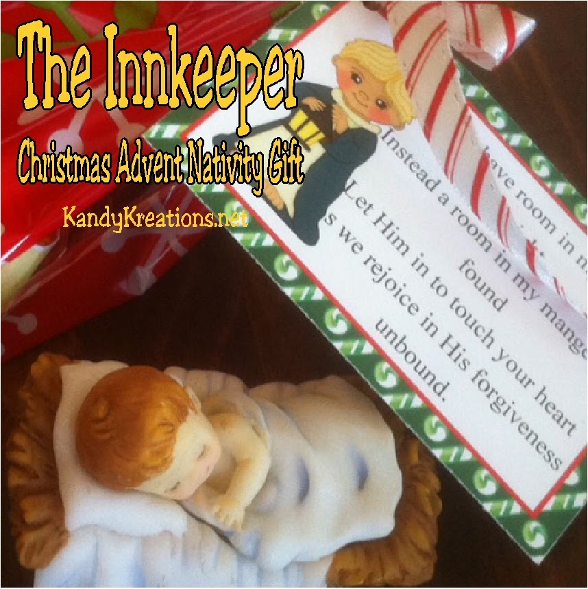 Celebrate Christmas with this Nativity Advent Calendar Gift.  Day six brings the Innkeeper and his story of forgiveness and the truth of letting Christ into your life.  Print this hershey mini printable and give a sweet treat this Christmas day. #inkeeper #christmas #advent #nativity #bagtopper #diypartymomblog