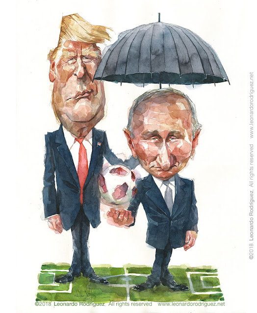 Caricatura en acuarela de Donald Trump y Vladimir Putin sobre un campo de futbol.  Trump le sotiene el paraguas y Putin sostiene un balón.