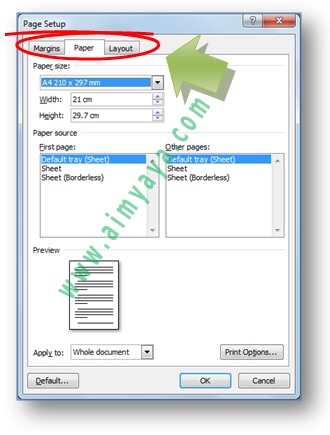 Gambar: Dialog Page Setup di Microsoft Word 2007 untuk membuat ukuran kertas menjadi Folio/F4 atau membuat Custom Size Paper dengan ukuran 8.5 inci x 13 inci 
