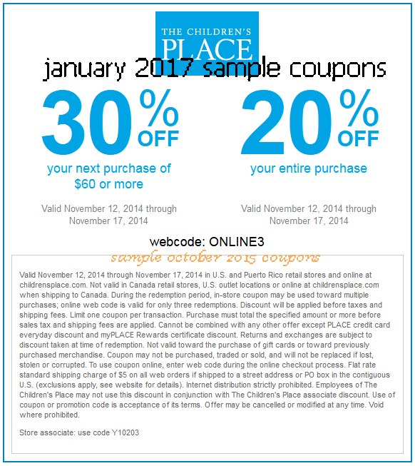 Past The Children's Place Coupon Codes Oct 02, · Children’s place is offering $20 cash coupons for every $20 you spend in store or online. Earn $10 Cash Coupons For Every $20 Spent In Store For every $20 spent in store at childrens place you will earn one $10 cash coupon valid on your next in store or online purchase off $20 or more between March 28, and April 11, /5(26).