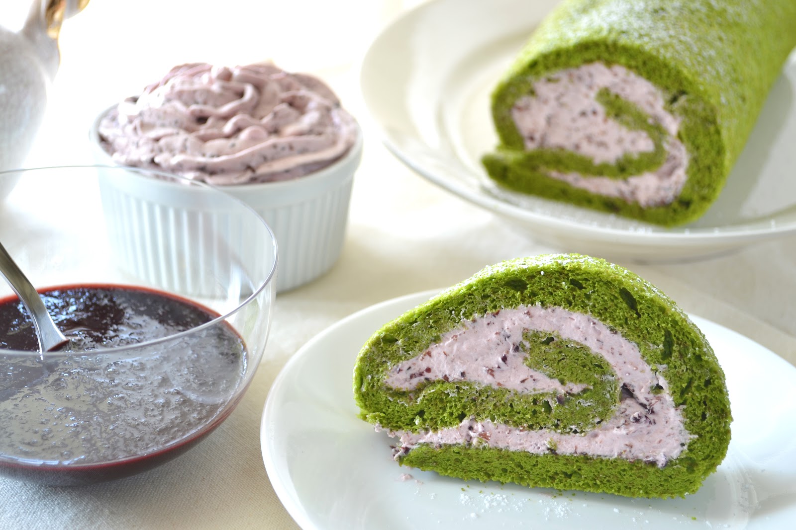 Green Tea Roll Cake with Cherry Mousse Filling Building Buttercream