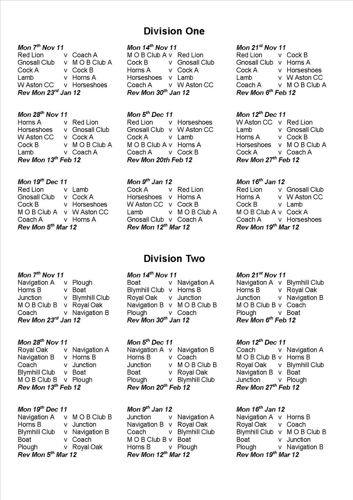 Gnosall & District Friendly Darts League Fixture List for Winter 2011/12