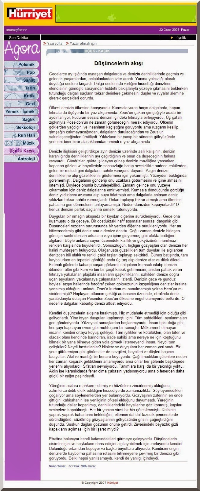 Düşüncelerin Akışı, Nalan Yılmaz, 22 Ocak 2006, Hürriyet, Agora