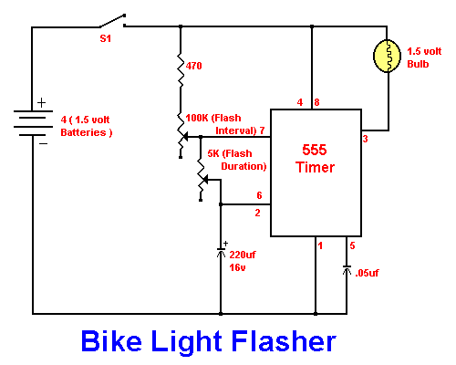 Bike Light Flasher using 555 IC |simple schematic diagram