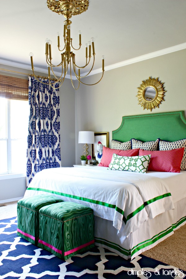 How to reupholster an ottoman, Robert Allen Malakos malachite fabric, diy upholstered ottoman makeover, colorful master bedroom, upholstered headboard