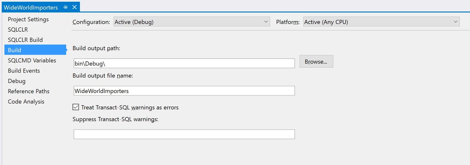 Software Development: Configuring SQL Server database project