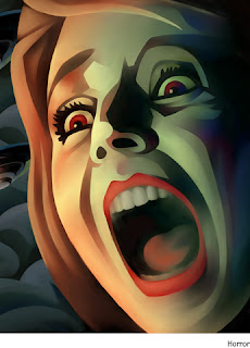 A rendition of a woman's face, close-up, as she screams in horror, presumably over EDM 310.