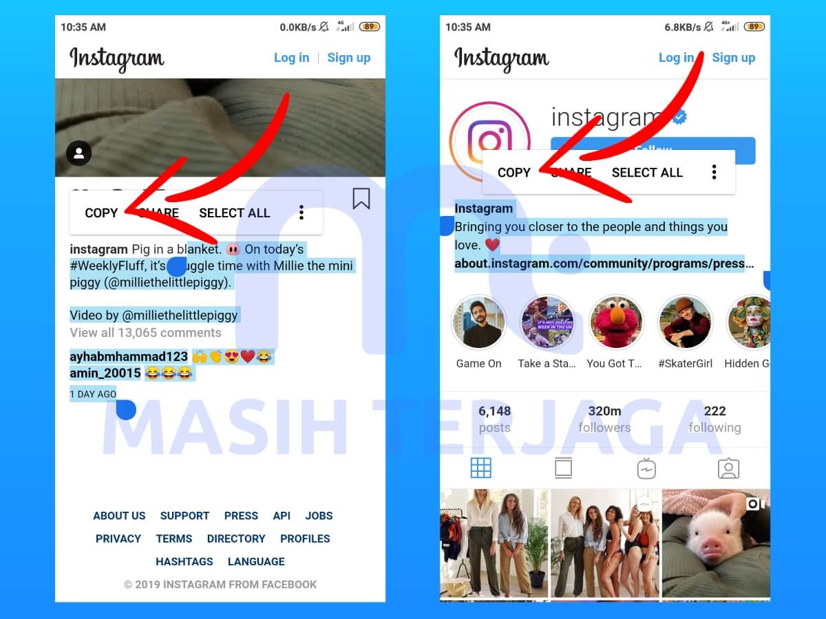 cara mudah copy paste caption, komentar, link, email dan bio instagram tanpa aplikasi