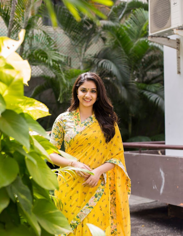 Keerthy Suresh in yellow saree at Nadigaiyar Thilagam Promotions